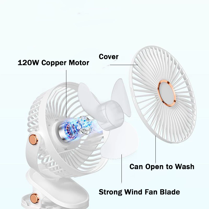 720° Rotating Mini Fan – 5-Speed Adjustable, Portable Clip, Table, Desktop & Hanging Fan – Rechargeable with Powerful Airflow - White With Light