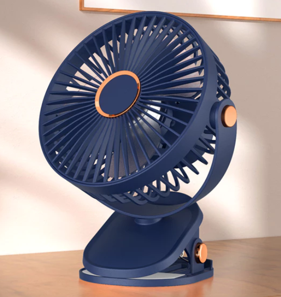 720° Rotating Mini Fan – 5-Speed Adjustable, Portable Clip, Table, Desktop & Hanging Fan – Rechargeable with Powerful Airflow - Dark Blue With Light