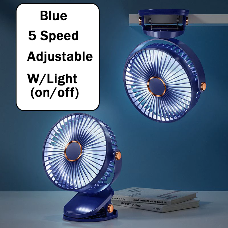 720° Rotating Mini Fan – 5-Speed Adjustable, Portable Clip, Table, Desktop & Hanging Fan – Rechargeable with Powerful Airflow - Dark Blue With Light