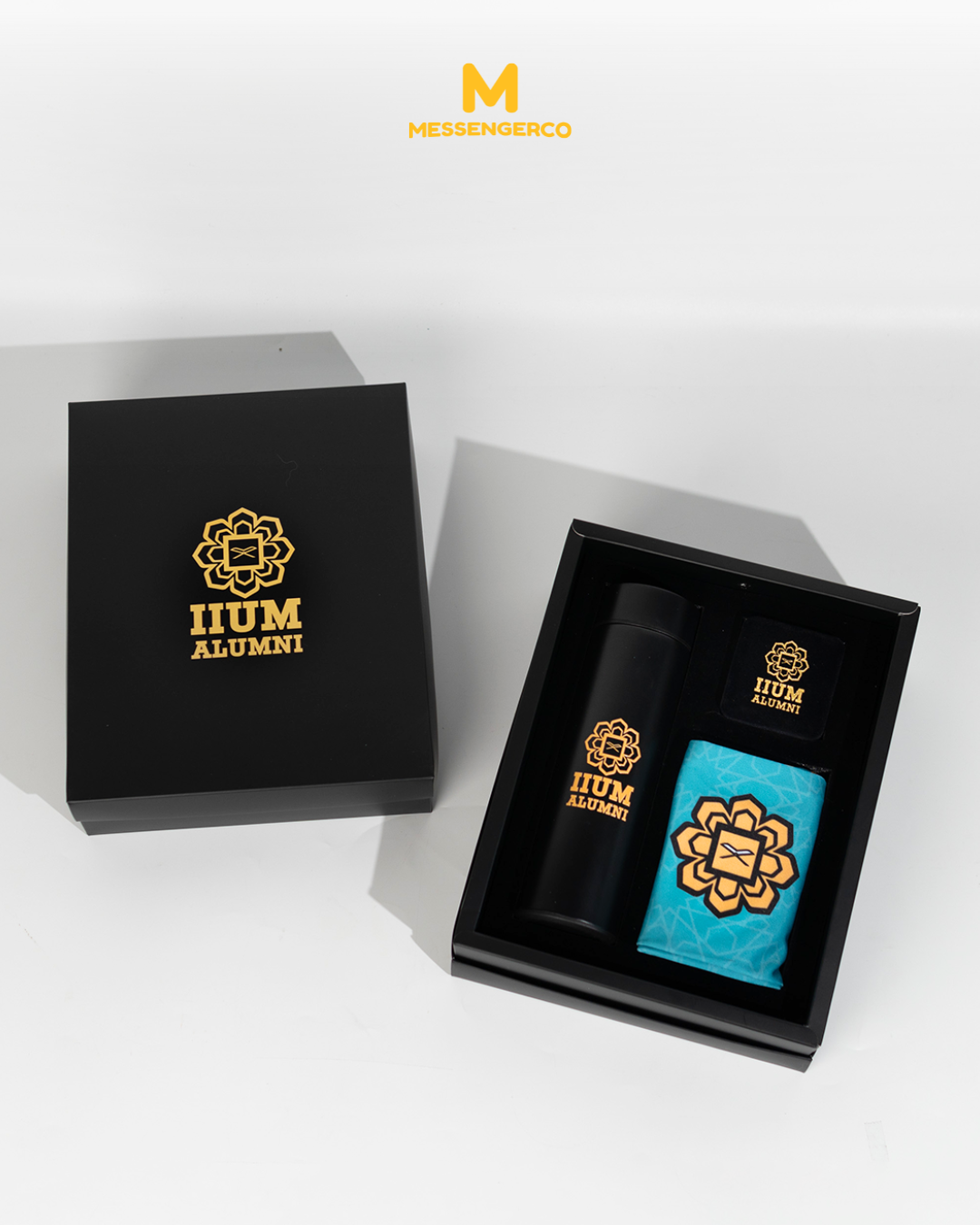 Black & Gold Executive Gift Set – Custom Scarf, Enamel Pin & LED Thermal Flask