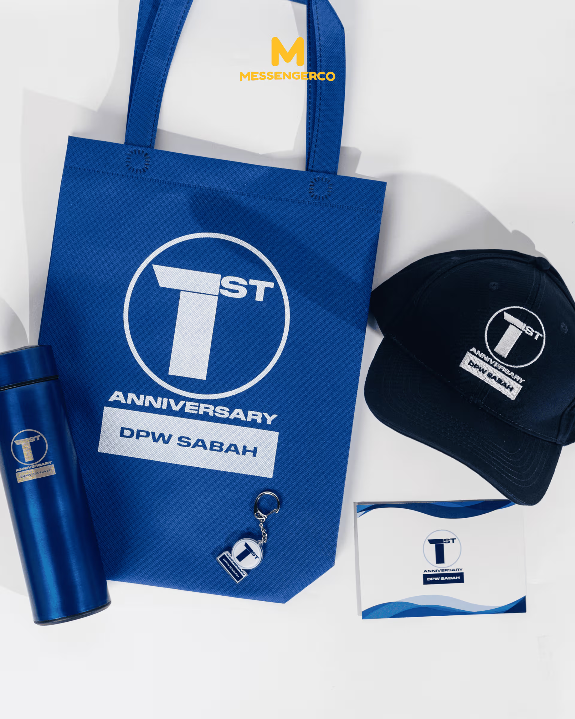Blue Executive Gift Set – LED Flask, Cap & Custom Acrylic Keychain