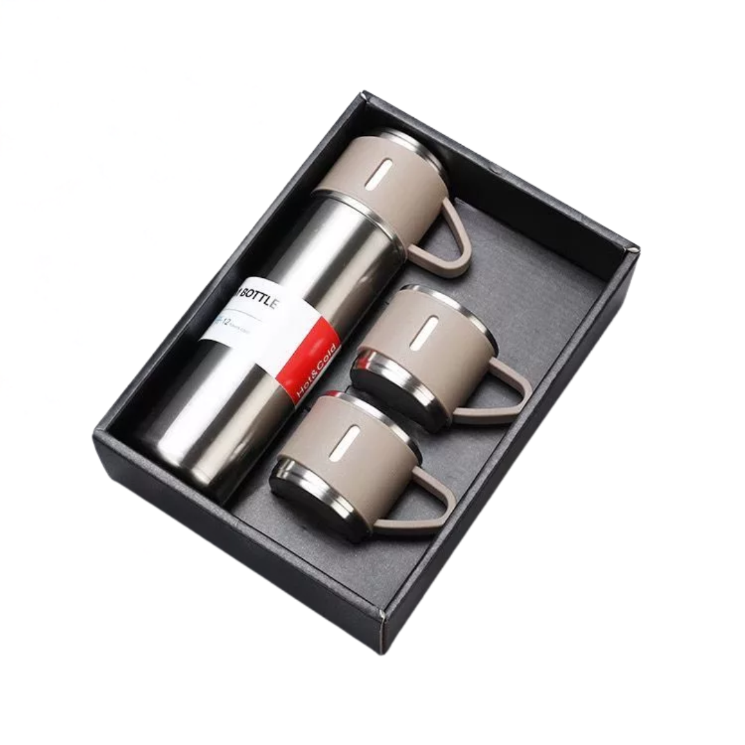 Thermos Vacuum Flask Bottle (500ml) with Two Cups Set - Silver