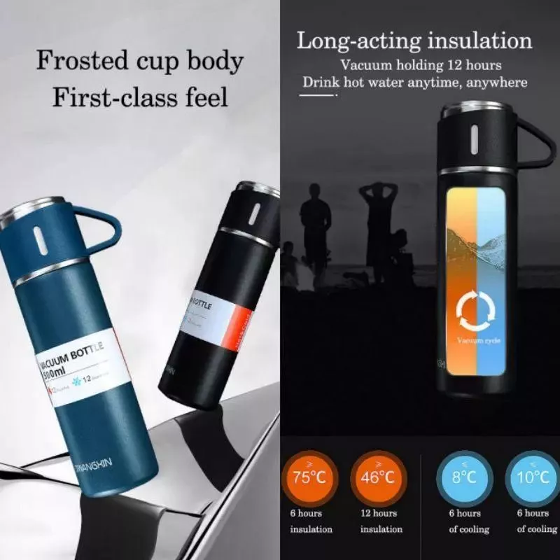 Thermos Vacuum Flask Bottle (500ml) with Two Cups Set - Silver