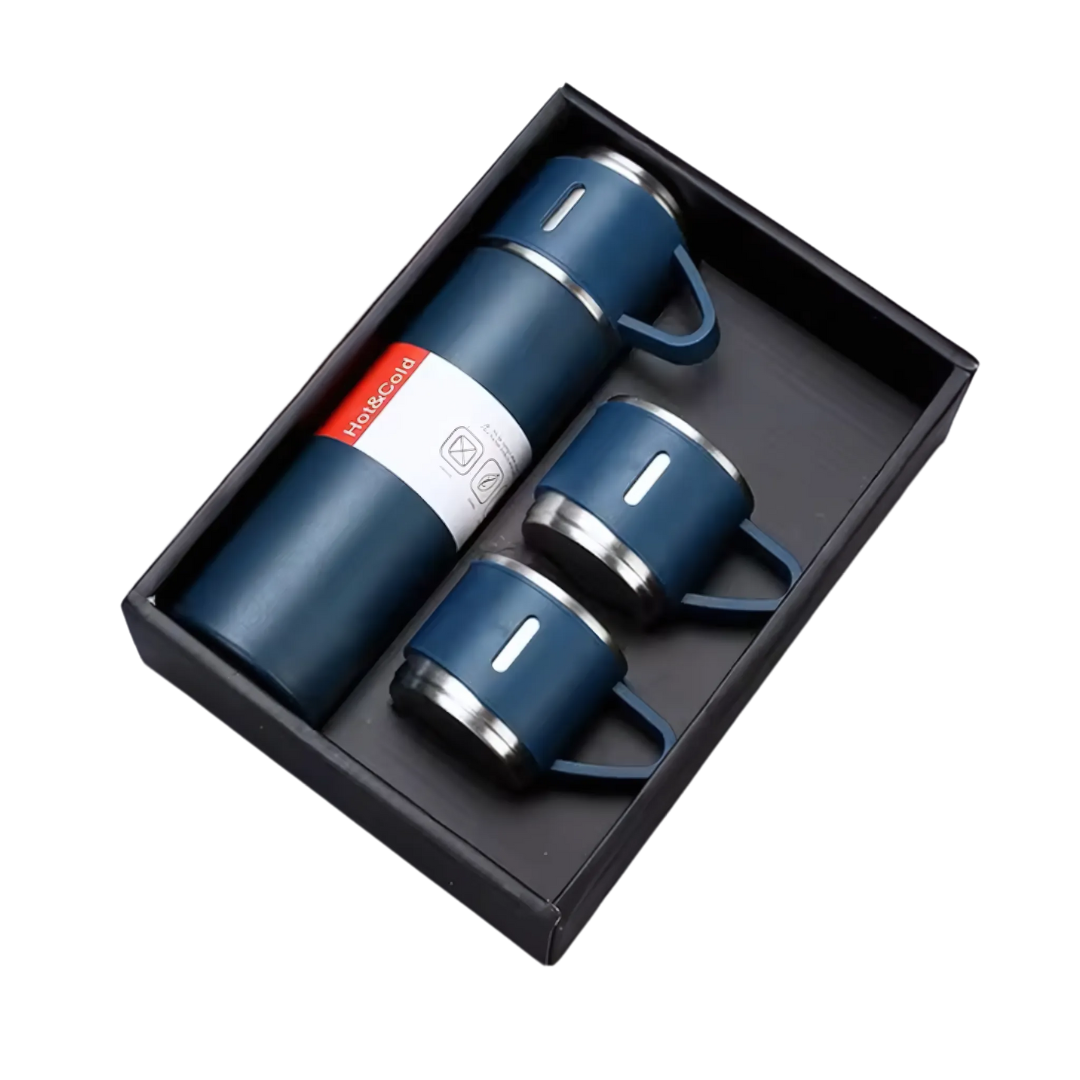 Thermos Vacuum Flask Bottle (500ml) with Two Cups Set - Blue