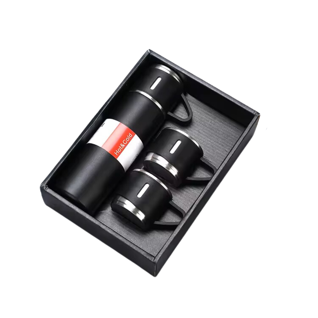 Thermos Vacuum Flask Bottle (500ml) with Two Cups Set - Black