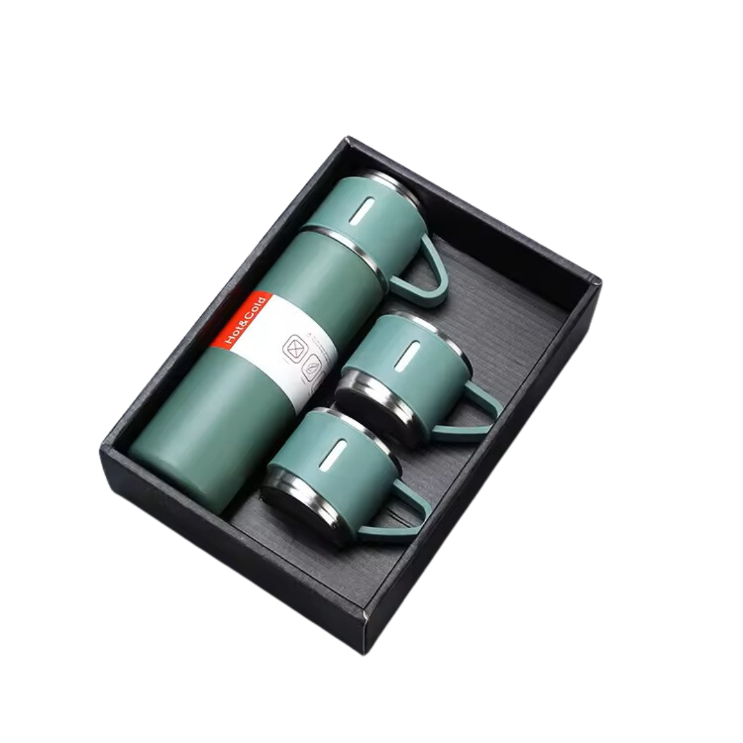 Thermos Vacuum Flask Bottle (500ml) with Two Cups Set - Green