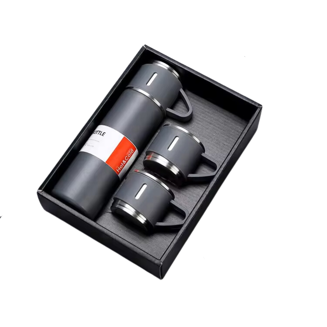 Thermos Vacuum Flask Bottle (500ml) with Two Cups Set - Grey