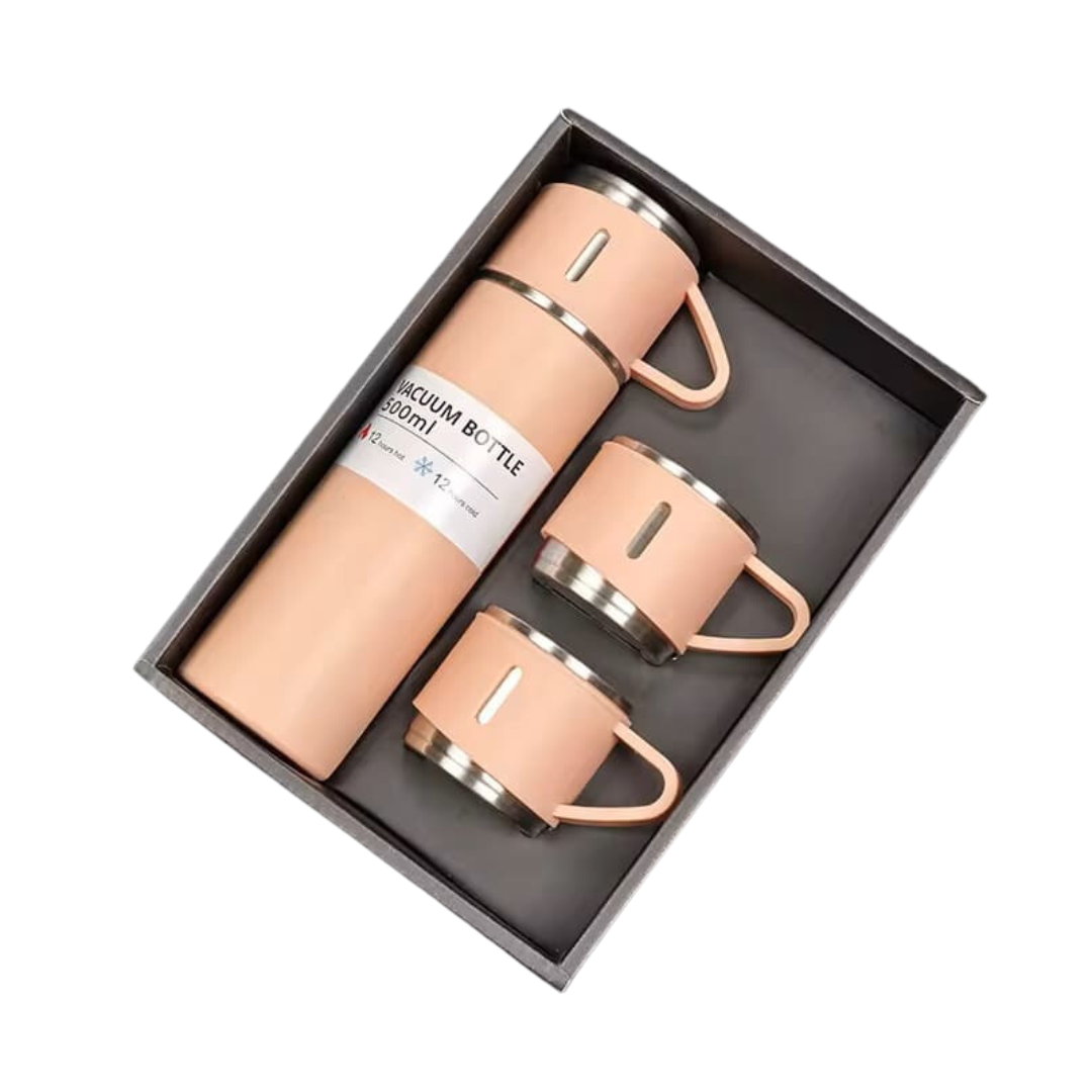 Thermos Vacuum Flask Bottle (500ml) with Two Cups Set - Pink