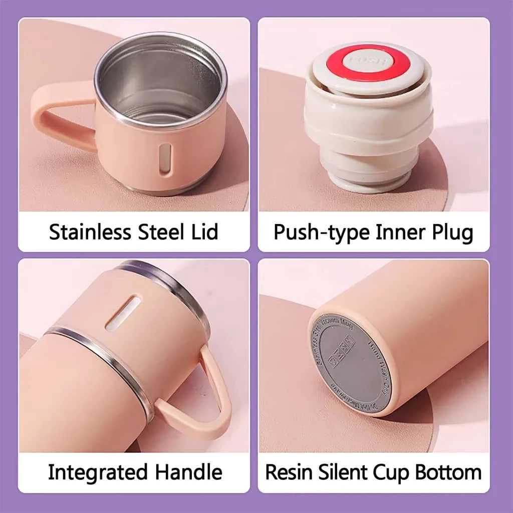 Thermos Vacuum Flask Bottle (500ml) with Two Cups Set - Pink