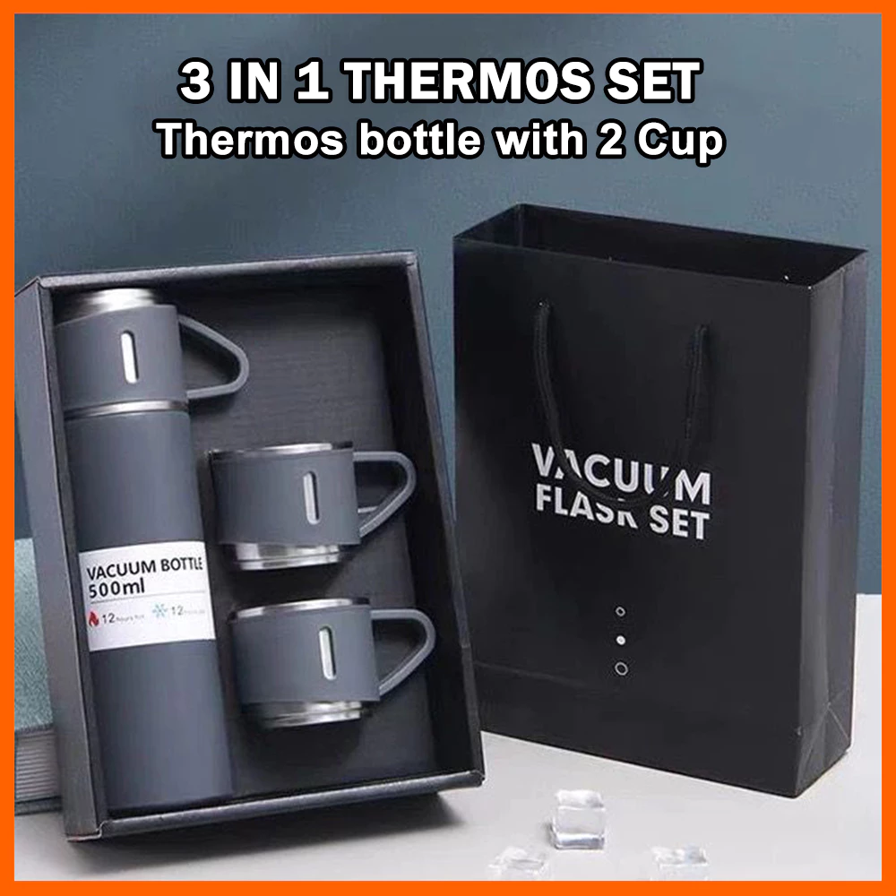 Thermos Vacuum Flask Bottle (500ml) with Two Cups Set - Pink