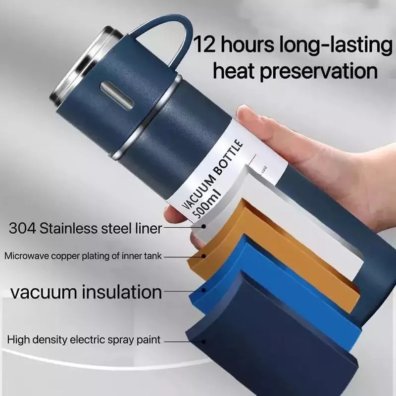 Thermos Vacuum Flask Bottle (500ml) with Two Cups Set - Pink