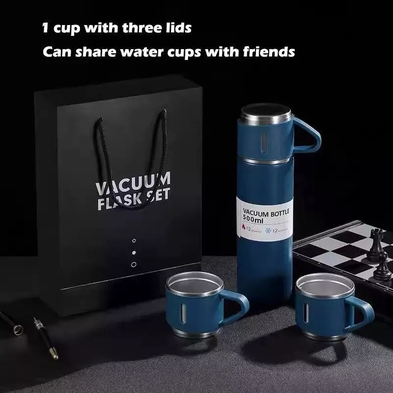 Thermos Vacuum Flask Bottle (500ml) with Two Cups Set - Pink