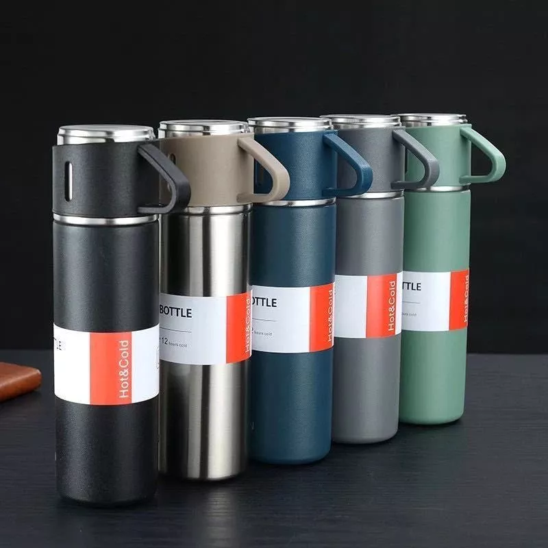 Thermos Vacuum Flask Bottle (500ml) with Two Cups Set - Pink