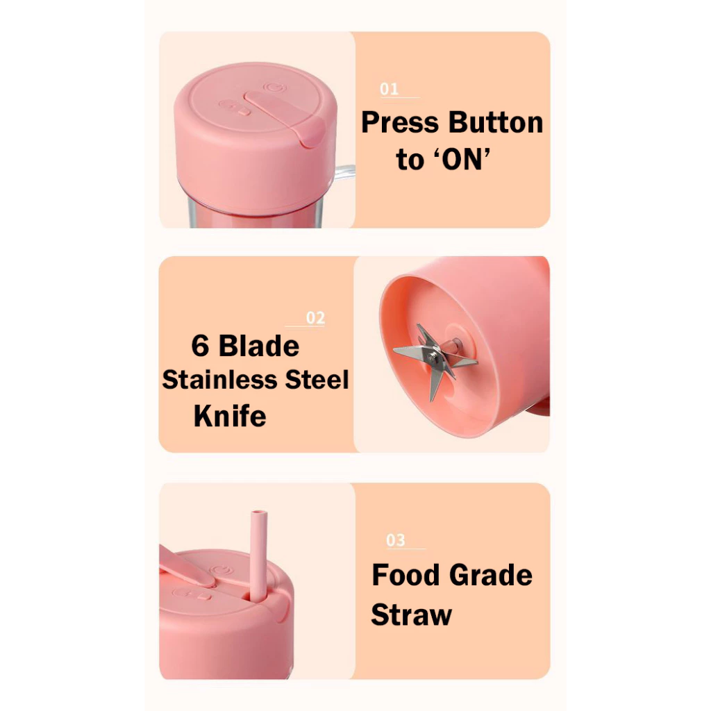 Portable Wireless Rechargeable Fruit Juicer Blender | 340ML Juice Cup with Straw & 6-Blade Design