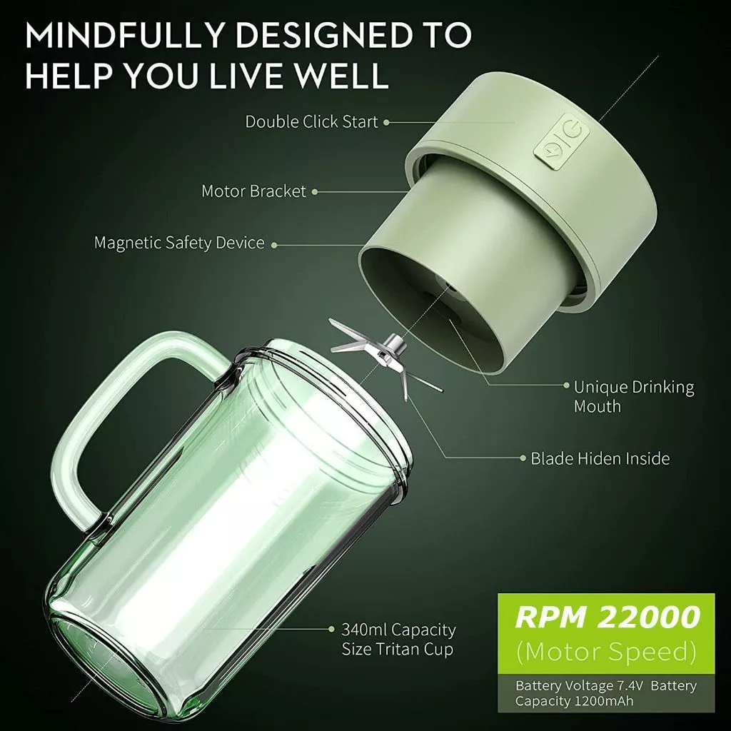Portable Wireless Rechargeable Fruit Juicer Blender | 340ML Juice Cup with Straw & 6-Blade Design