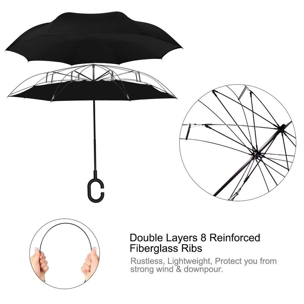 Inverted Reverse Umbrella | Upside-Down Double-Layer Windproof Umbrella with C-Hook