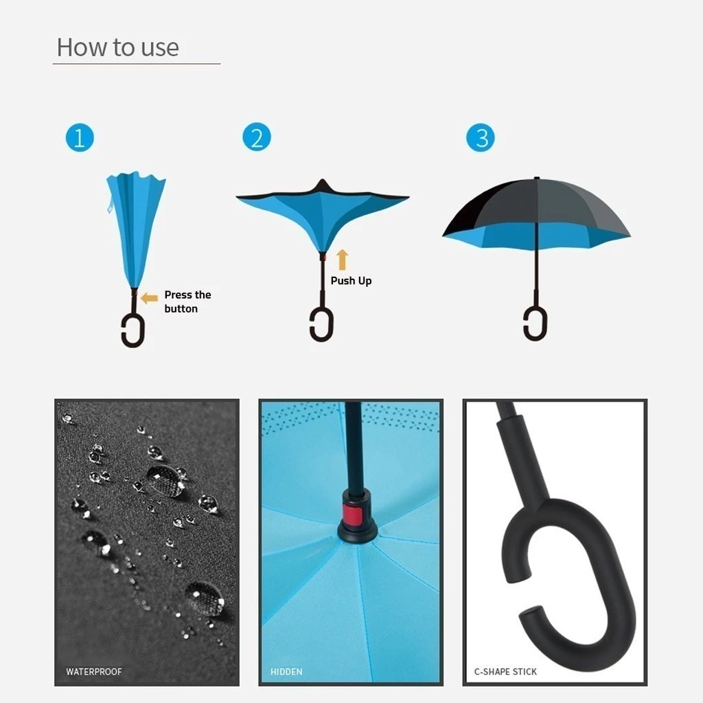 Inverted Reverse Umbrella | Upside-Down Double-Layer Windproof Umbrella with C-Hook