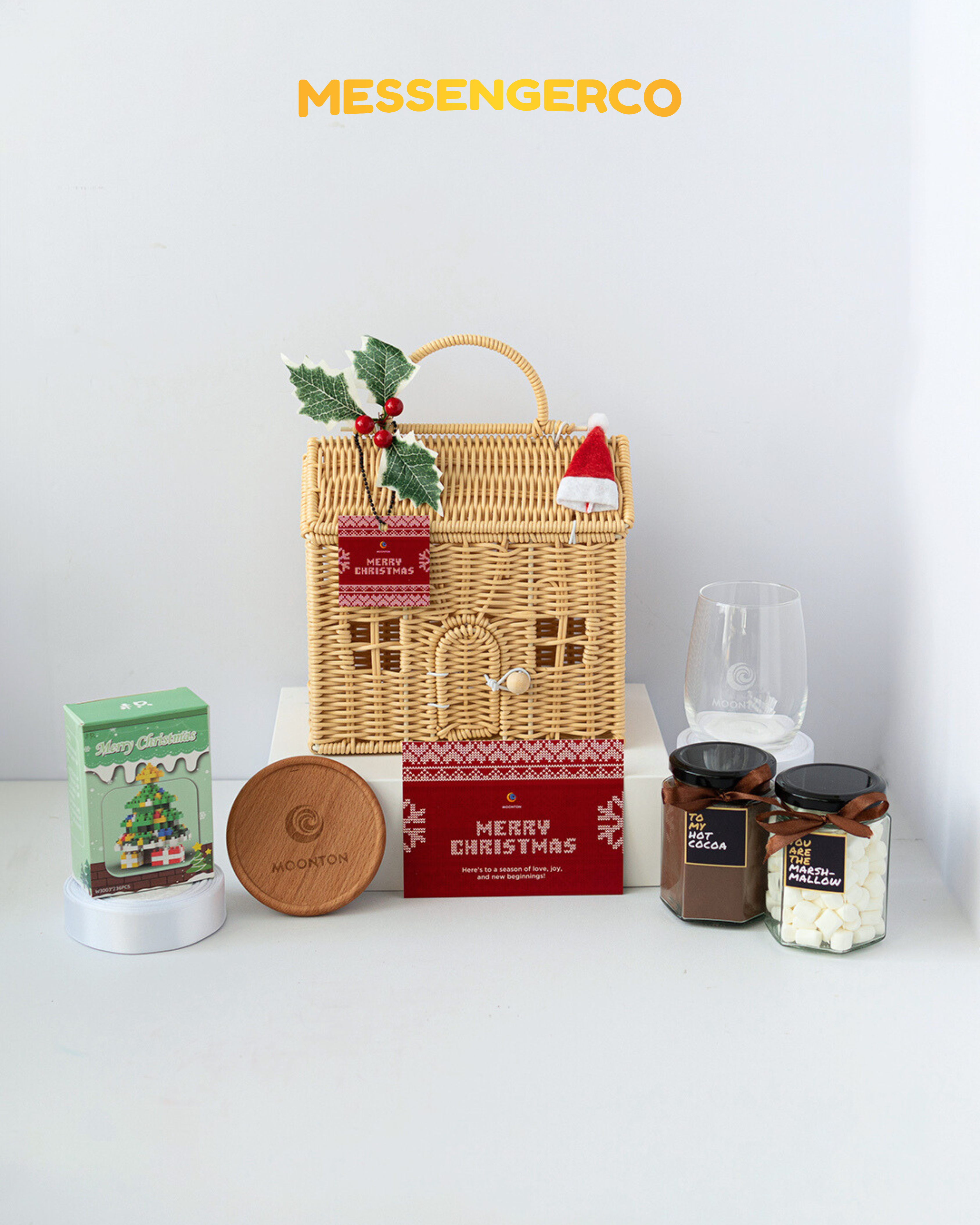 Warm Christmas Gift Basket – Hot Cocoa, Engraved Glass Cup & Wooden Coaster Set - Image 2