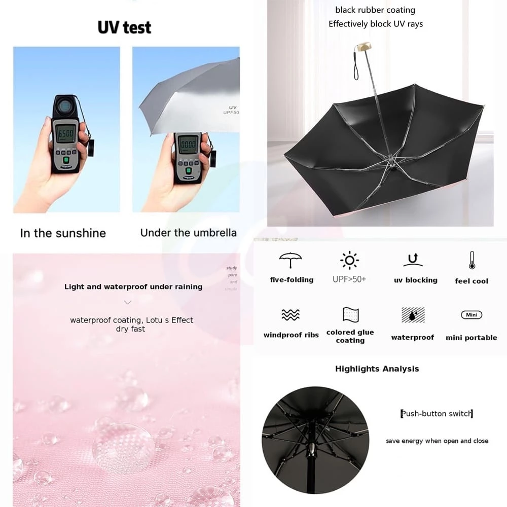 UPF50+ Mini Five-Fold Umbrella | Ultra-Lightweight 220g | Compact & UV Protection | 6-Rib