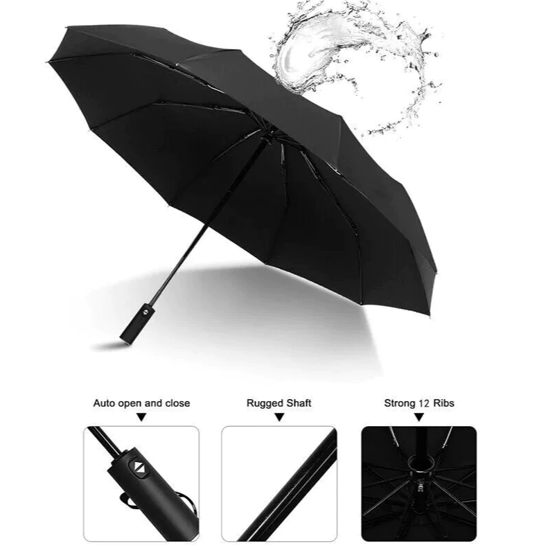 23" Auto-Open 12-Rib Windproof Umbrella | Compact Folding Design