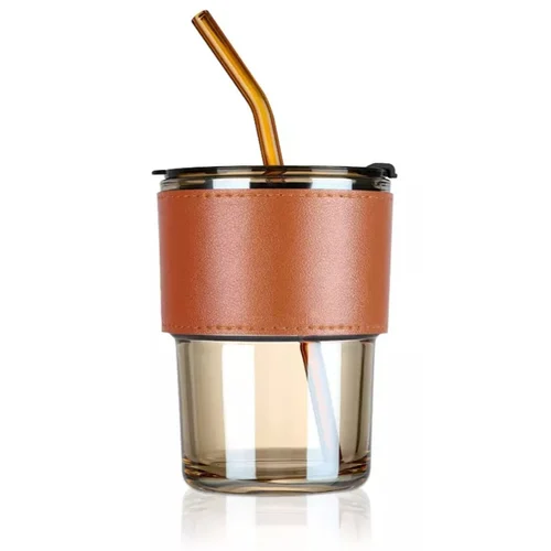 MONTE 2 Premium Color Glass Mug with PU Sleeve (400ml) - Brown Glass Brown Sleeve