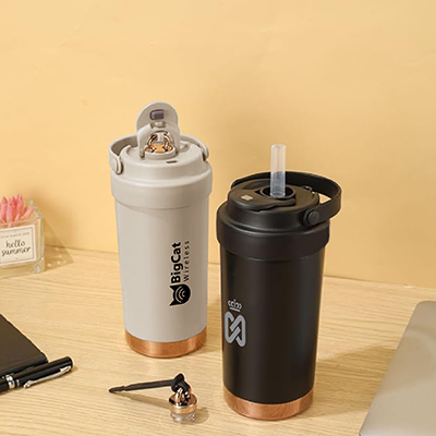 GOLD Dual Lid 316 S.Steel Bottle with Straw Handle (500ml | Beige, Black) - Image 2