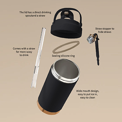GOLD Dual Lid 316 S.Steel Bottle with Straw Handle (500ml | Beige, Black) - Image 3