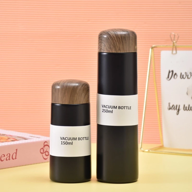 Thermos bottle 250ml with wooden design cap Black