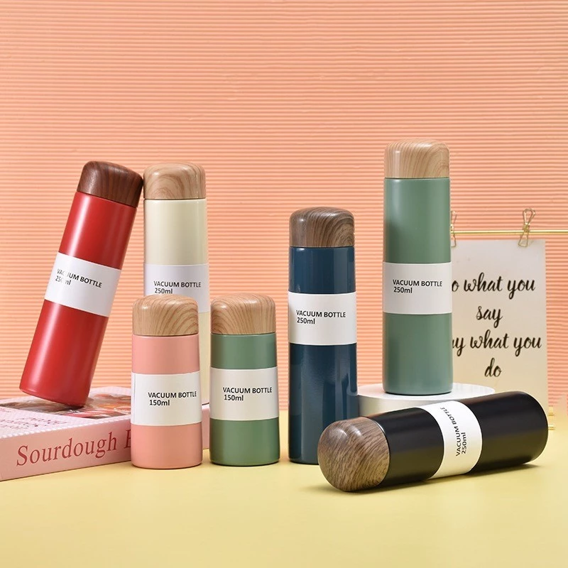 Thermos bottle 250ml with wooden design cap Black - Image 2