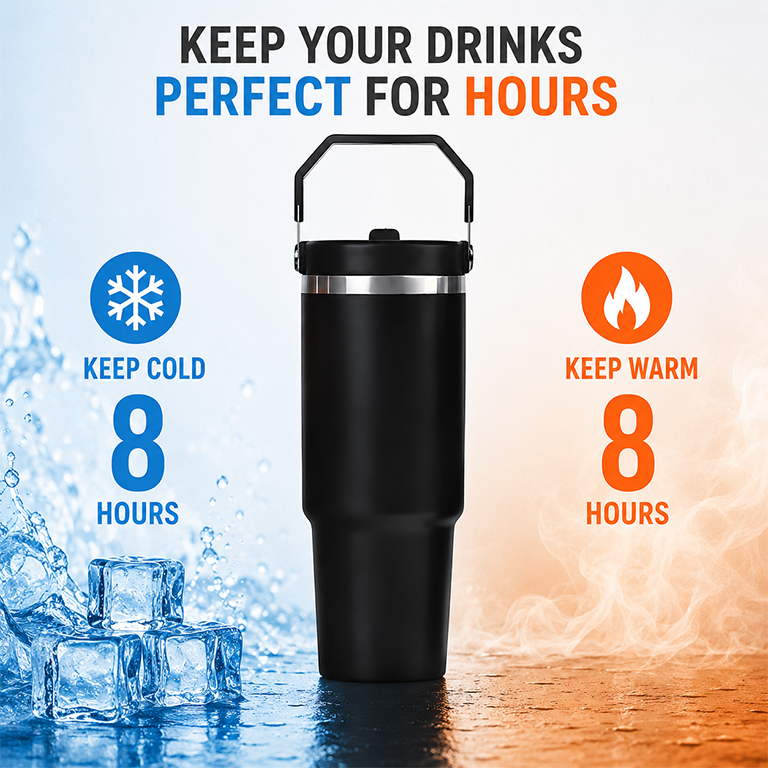 THERMOVA Stainless Steel Tumbler with Handle (890ml | Black ) - Image 5