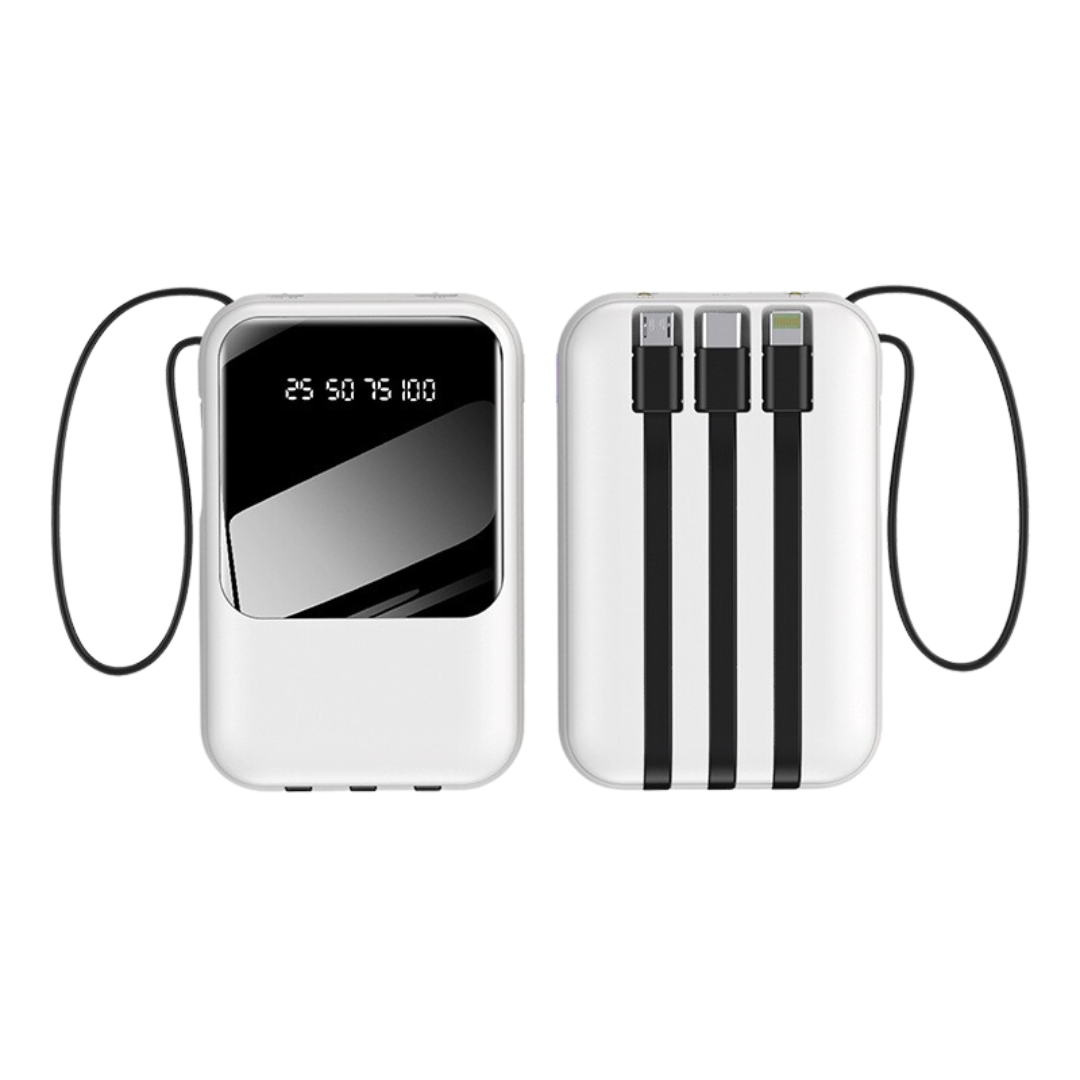 MINI 3-Cable Digital Display Power Bank 10,000mAh - White
