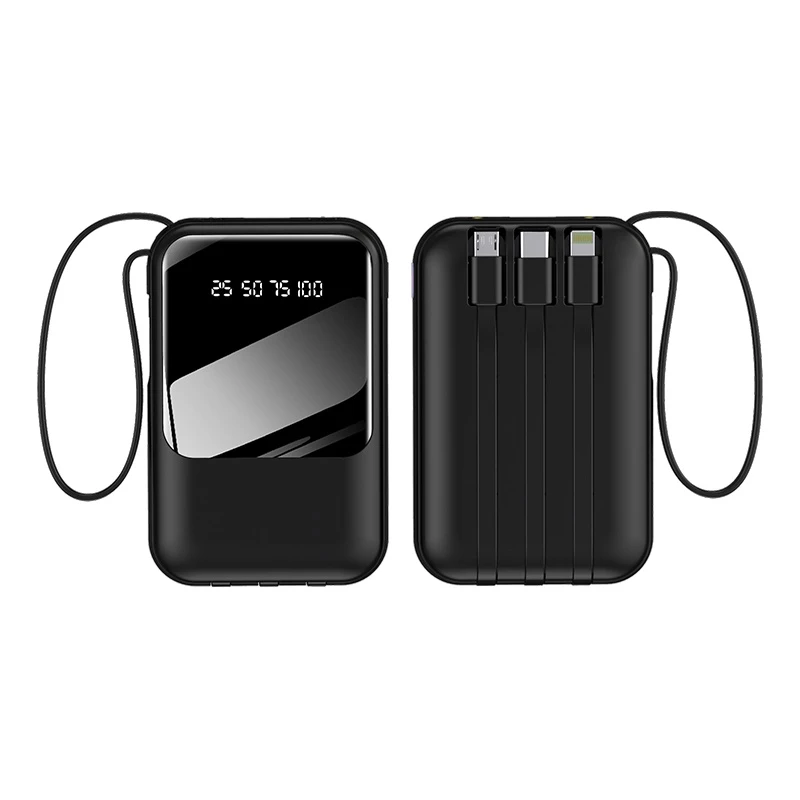 MINI 3-Cable Digital Display Power Bank 10,000mAh - Black