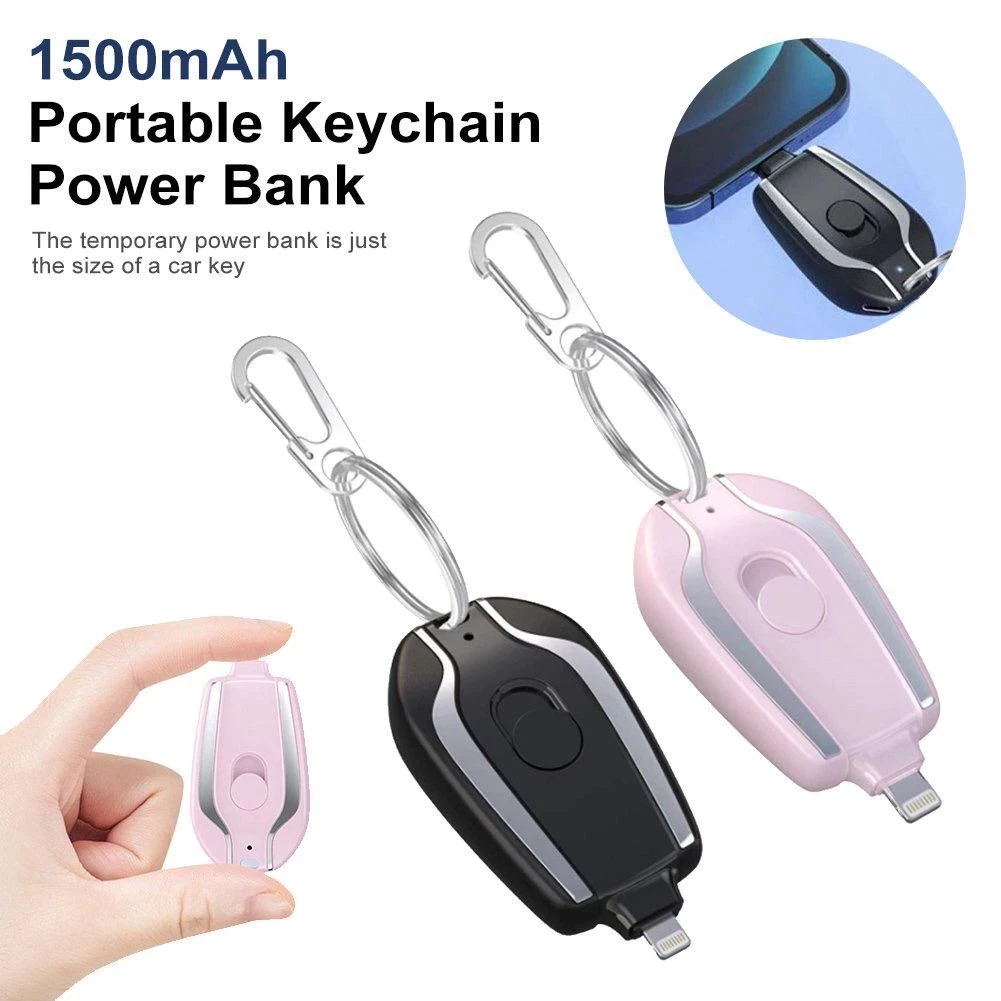 Portable Keychain Emergency Mobile 1500 mAH Power Bank Charger For Emergency Use Ultra-Compact Mini Battery- Iphone - Black - Image 2