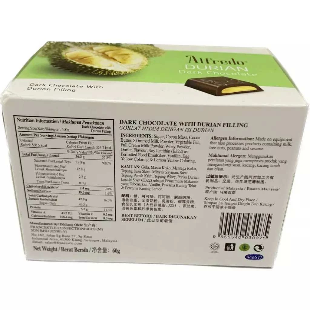 Alfredo Dark Chocolate With Durian Filling 60G
