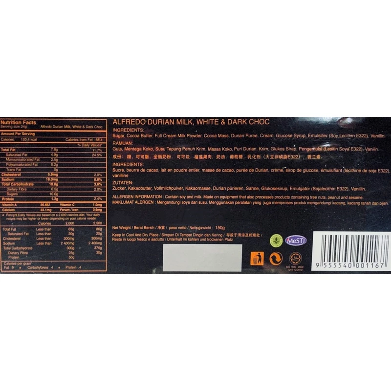 Alfredo Durian Chocolate Milk, White & Dark Chocolate 150G